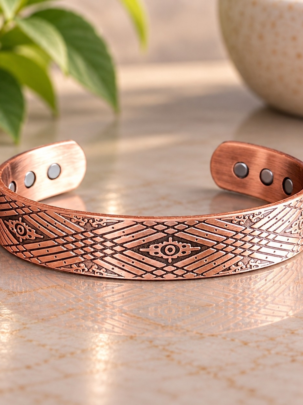 Pure Copper Magnetic Geometric Cuff Bracelet – 6 Magnets – Adjustable